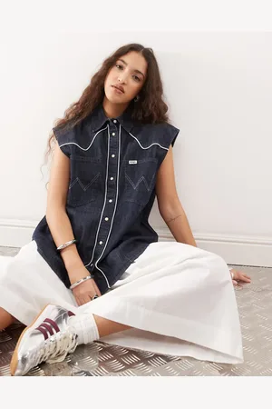Wrangler Mørkeblå ærmeløs western-skjorte i denim