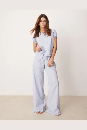 ASOS Blå lounge-bukser med vide ben, flæsekanter og striber - Del af sæt-Multifarvet