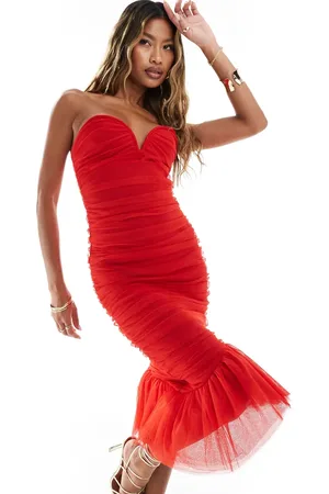 Rare Fashion London - bandeau-midikjole med hjerteformet hals og asymmetrisk kant i mesh