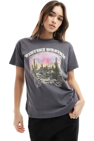 Pull&Bear Mørkegrå T-shirt med grafik i westernstil