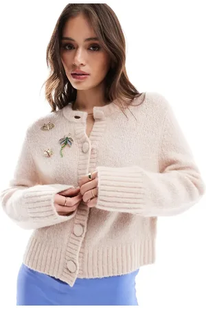 & OTHER STORIES Vamset cardigan i beige strik af alpakauldsblanding med guldsmedsdekorationer med juvelsten-Neutral