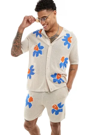 ASOS Strikket polo med reverskrave og blomstertekstur i pointelle-stof i afslappet pasform - Del af sæt-Neutral