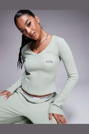 ASOS Weekend Collective - Salviegrøn top med V-hals og vaffeltekstur - Del af sæt