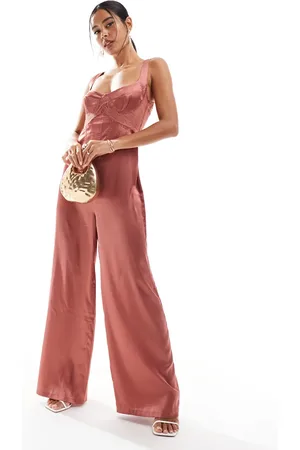 ASOS Brunt jumpsuit med korsetdetaljer og ben med vidde i satin- og blondeblanding