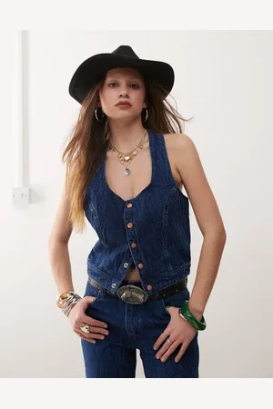 Wrangler Mørkeblå denimtop med gennemgående print og knapper fortil - Del af sæt