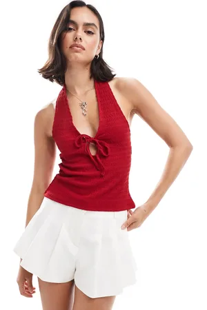 Miss Selfridge Tekstureret top med halterneck og sløjfedetalje i