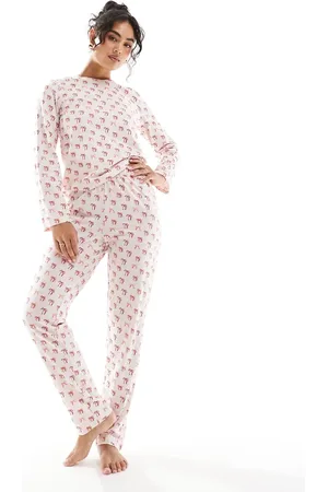 Pieces® Jul - Pink og langærmet pyjamassæt med sløjfeprint-Lyserød