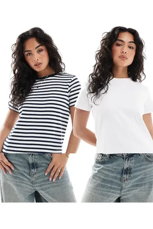 Pull&Bear Hvid og sortstribede T-shirt i bomuld med korte ærmer i pakke med 2 stk-Multifarvet
