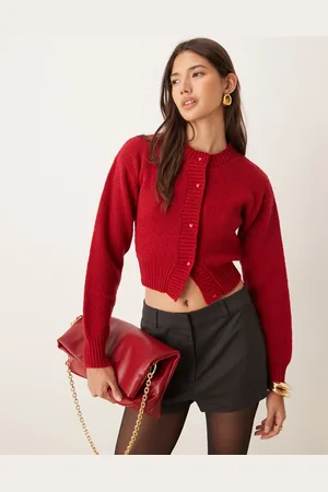 Glamorous Tætsiddende rød cardigan med hjerteknapper