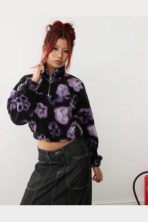 Monki Fleece-sweatshirt med halv lynlås og blomstermønster