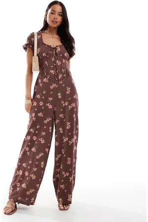 ASOS Grålilla jumpsuit med korset-talje, blondekant og blomstermønster-Multifarvet