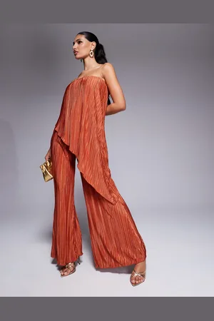 ASOS Rustrødt jumpsuit med bandeau-snit, vide ben og plisseringer-Brun