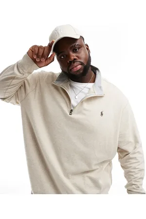 Ralph Lauren Big & Tall - Beigemeleret sweatshirt med logoikon og lynlås i halsen i dobbeltstrik-Neutral