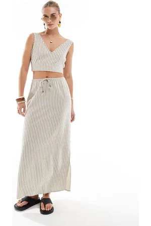VERO MODA Beige stribet maxinederdel med hørfinish - Del af sæt-Neutral