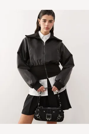 Lioness Cropped bomber-jakke med elastisk kant i læderlook