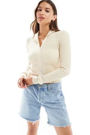 Cotton On Cotton On - Ribstrikket cardigan med krave og tovejs-lynlås i ecrufarve-Hvid