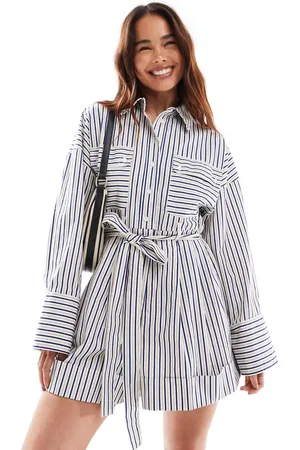ASOS Playsuit med skræddersyede shorts og skjorte med blouson-ærmer i stribet blå-Multifarvet