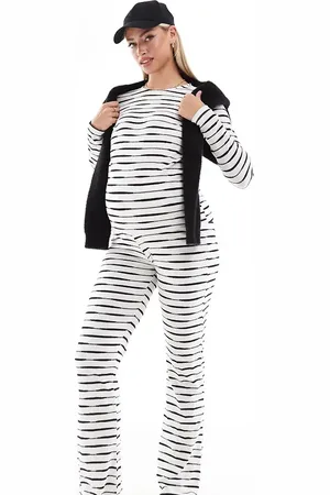 Mama;licious Mamalicious Maternity - Monokrome og stribede bukser i jersey med svaj - Del af sæt-Hvid
