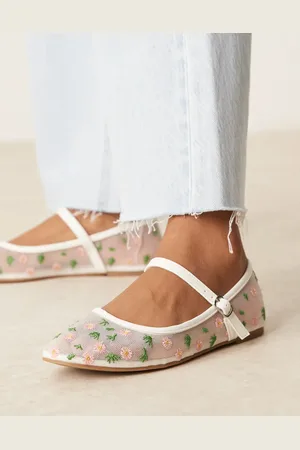 Glamorous Hvide flade ballerinaer i Mary Jane-stil med blomsterbroderier i mesh