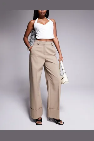 River Island Beige bukser med vide ben og plisseringer-Brun