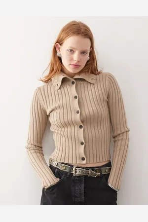 Weekday Jackie - cardigan med høj hals i chunky ribstrik-Neutral