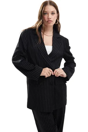 Miss Selfridge Løstsiddende, dobbeltradet og sort blazer med hvide nålestriber og oversized pasform - Del af sæt