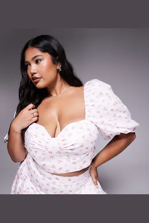 ASOS Curve - Top med pufærmer og småblomstret print i satin-bomuld