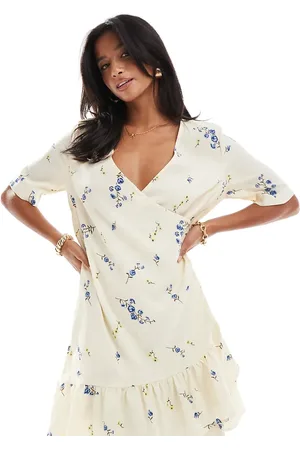 VERO MODA Slå-om-minikjole med blomstermønster i lysegul
