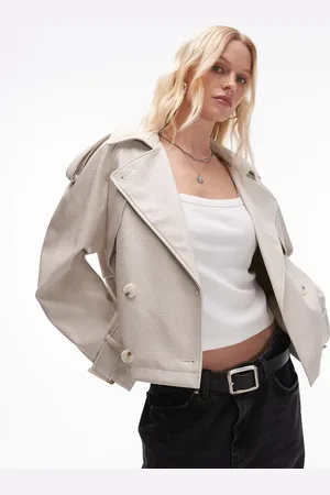 Topshop Cremefarvet cropped trenchcoat i tekstureret imiteret læder-Hvid