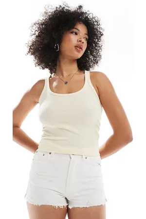 Bershka Ribstrikket tanktop med dyb rund hals-Hvid