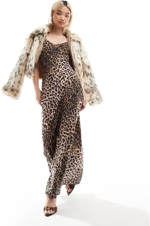 AllSaints Bryony Iona - Slip-maxikjole med gult leopardprint i satin