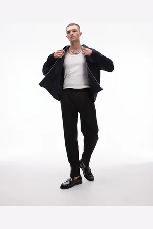 Topman Premium - Sorte tapered smokingbukser med elastisk talje i uldblanding