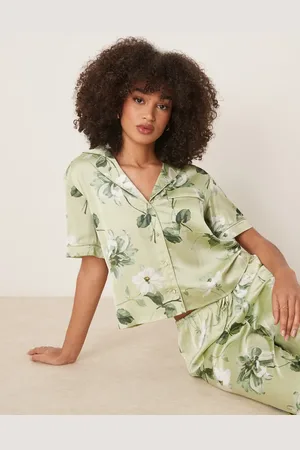 Abercrombie & Fitch Kortærmet pyjamasskjorte med knapper og i grønt blomstermønster - Del af sæt