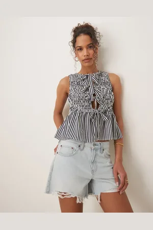 Glamorous Marineblå og hvid peplum-top med rynker, sløjfer foran og striber-Multifarvet
