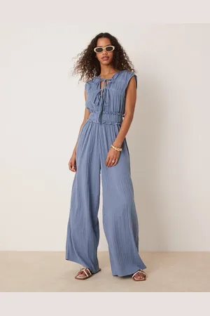 ASOS Denimblåt jumpsuit i dobbeltstof med rynket bryst