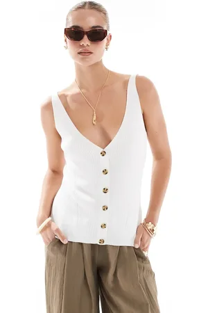 French Connection Hvid ribstrikket vest med V-hals og knapper