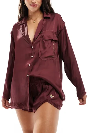 Free People Bordeaux oversized pyjamasskjorte i satin - Del af sæt-Rød