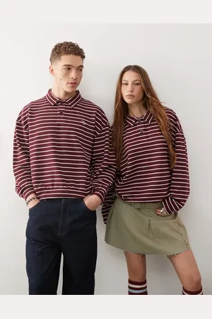 Reclaimed Unisex - polo-sweatshirt med striber-Rød