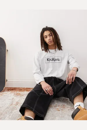 Kickers Langærmet T-shirt i meleret lysegrå med grafisk marineblåt logoprint