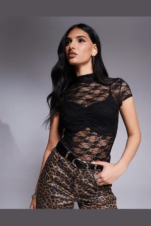 ASOS Bodystocking med korte ærmer og rynker foran i blondestof