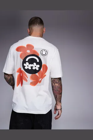 Hugo Blue Nufloro - Råhvid T-shirt med blomsterprint på ryggen