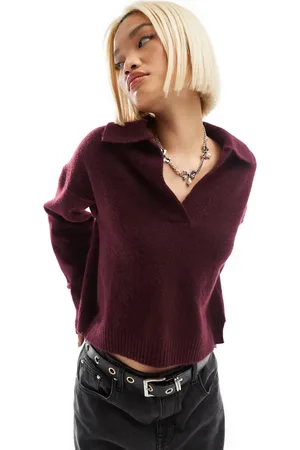Monki Bordeauxrød og strikket sweater med krave og lange ærmer