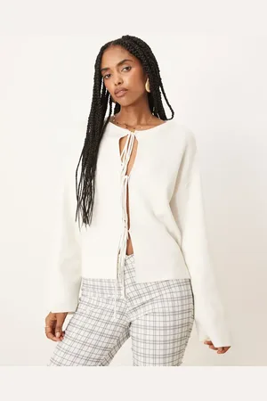 Gina Tricot Cremehvid cardigan-top i let strik med bindebånd