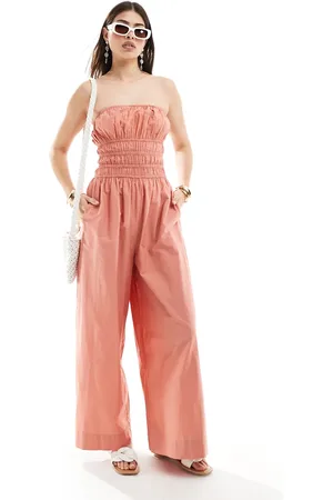 ASOS Ferskenfarvet jumpsuit med brede ben og smocksyninger på livstykket-Orange