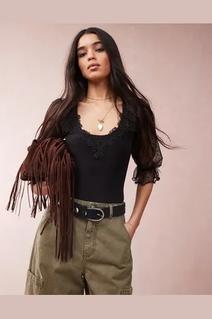 ASOS Bodystocking i mesh med dobbytekstur og pufærmer samt hjerteformet hals
