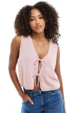 ASOS Lyserød strikket tanktop med V-hals og sløjfebindebånd foran
