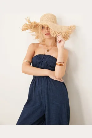 ASOS Mørkeblåt blødt jumpsuit uden stropper med rynket talje i denim