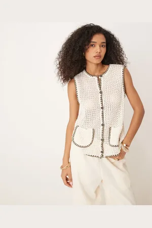 ASOS Ecrufarvet strikket tanktop med påsyede lommer og tæppesyninger-Hvid