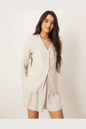 Abercrombie & Fitch Lys beige blazer i hør med krave-Hvid