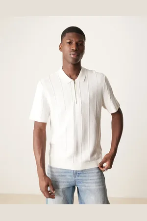 Abercrombie & Fitch Cremehvid strikket polo med 1/4 lynlås og korte ærmer
